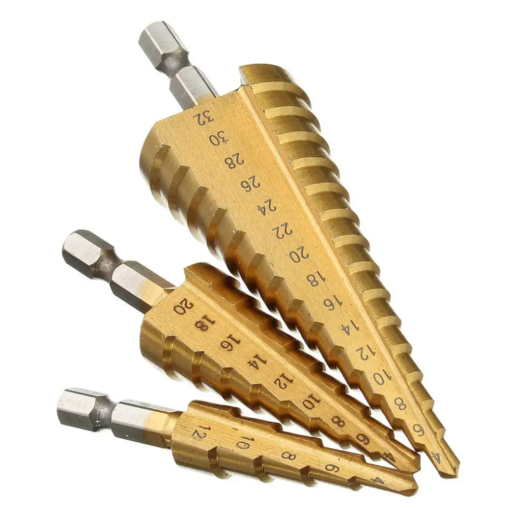 3pc Hss Step Cone Taper Drill Bit Set Hole Cutter Metric 4-12/20/32mm 1/4" Titanium Coated Metal Hex stepped Bits
3pc Hss Step Cone Taper Drill Bit Set Hole Cutter Metric 4-12/20/32mm 1/4" Titanium Coated Metal Hex stepped Bits