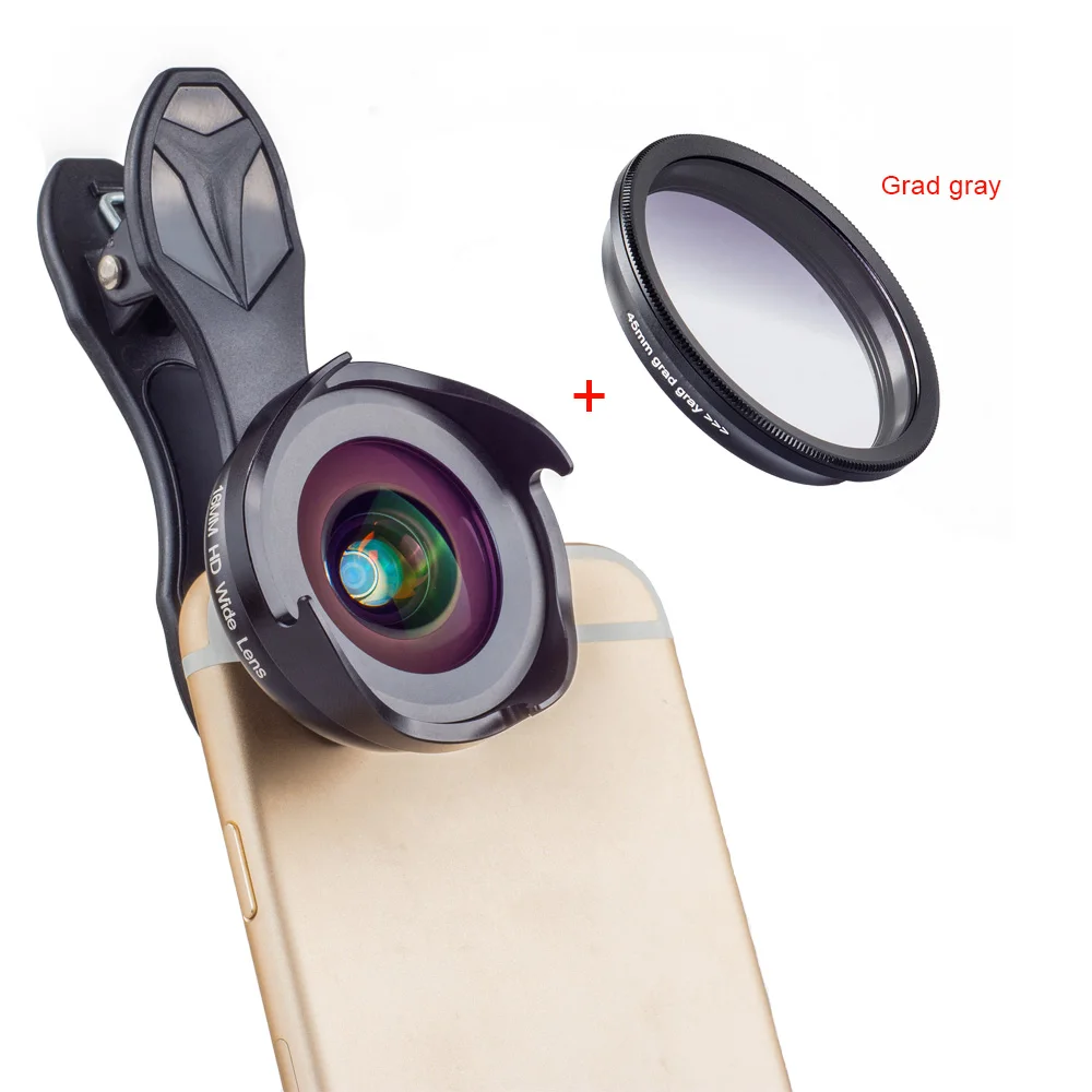 APEXEL phone camera lens kit HD professional wide angle/macro lens with grad filter CPL ND filter for android ios smartphone 25 gray.