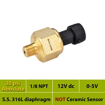 30psi, 2bar absolute, oil pression sensor transducer, 12V 24V DC, 0 5Volt signal, stainless steel 316L diaphragm, 1 8 NPT thread
30psi, 2bar absolute, oil pression sensor transducer, 12V 24V DC, 0 5Volt signal, stainless steel 316L diaphragm, 1 8 NPT thread