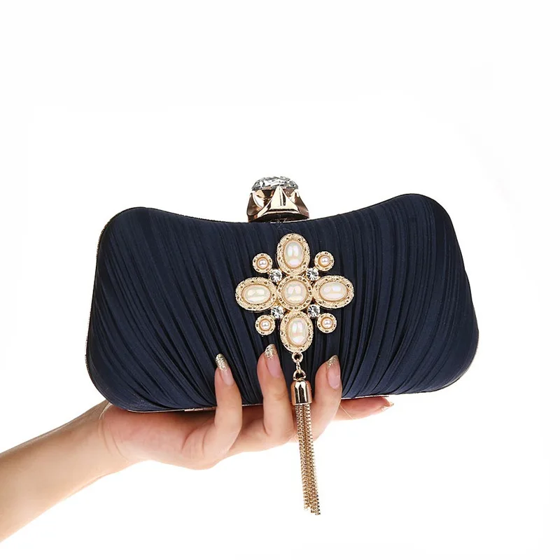 

Fashion Navy Blue Women Bag Bridal Wedding Evening Bag Clutch Satin Handbag Party Purse Makeup Bag Shoulder Bag 031271-4-B