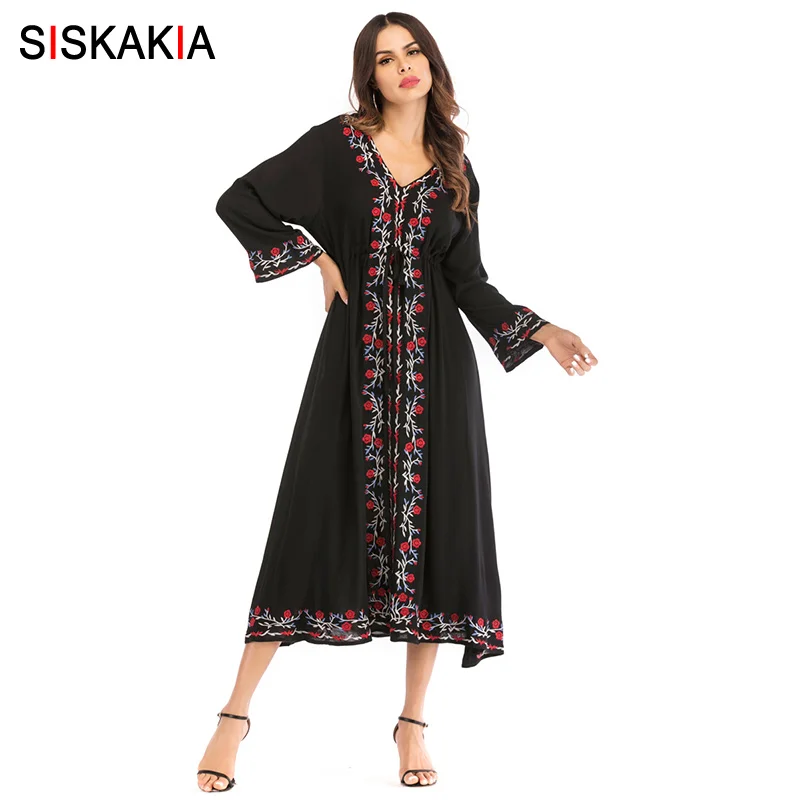 Siskakia Chic Floral Embroidery Midi Dress Women Autumn Fall 2018 V Neck Long Sleeve High Waist Swing A line Dresses Black loose
Siskakia Chic Floral Embroidery Midi Dress Women Autumn Fall 2018 V Neck Long Sleeve High Waist Swing A line Dresses Black loose