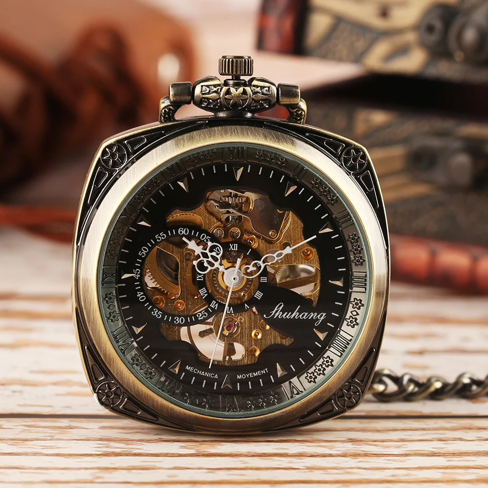 2018 New Arrival Steampunk Skeleton Open Face Hand Wingding Mechanical Pocket Watch Men Women Antique Square Case Creative Watch (7)
