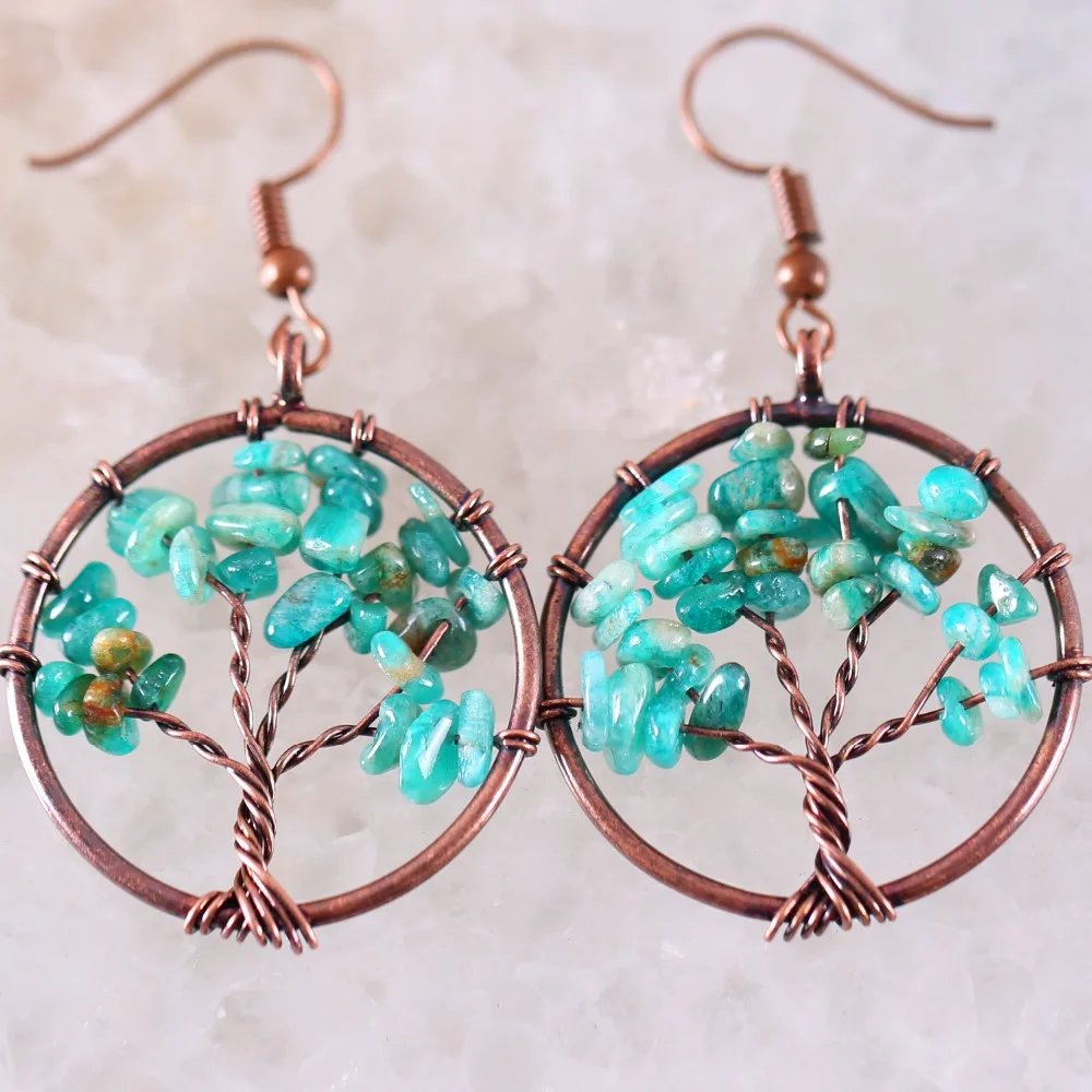 Tree of life - Natural Stone Irregular Chip Beads Green Amazonite Copper Wire Wrap Tree lof life Round Earrings 1Pair U395
Tree of life - Natural Stone Irregular Chip Beads Green Amazonite Copper Wire Wrap Tree lof life Round Earrings 1Pair U395
