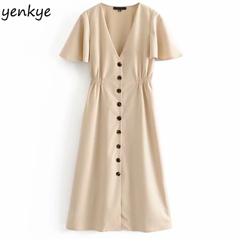 2019 Women Front Button Vintage Solid Color Casual Dress Elegant Lady V Neck Short Sleeve Elastic Waist A-line Slim Summer Dress
2019 Women Front Button Vintage Solid Color Casual Dress Elegant Lady V Neck Short Sleeve Elastic Waist A-line Slim Summer Dress