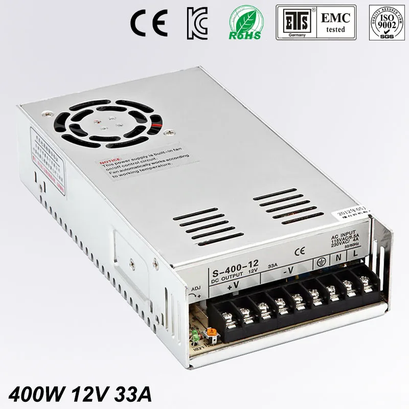 Universal 12V 33A 400W Regulated Switching Power Supply Transformer100-240V AC to DC For LED Strip Light Lighting CNC CCTV MOTOR
Universal 12V 33A 400W Regulated Switching Power Supply Transformer100-240V AC to DC For LED Strip Light Lighting CNC CCTV MOTOR