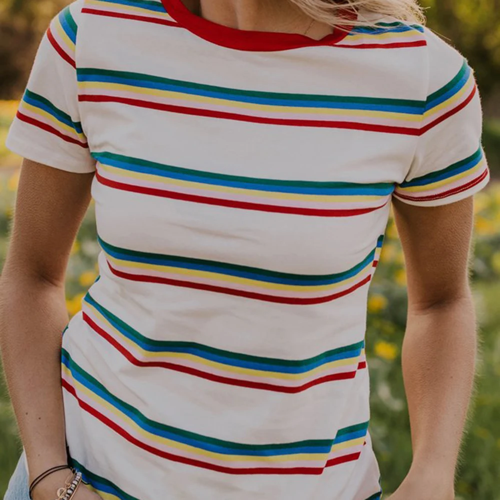 Women Tops Summer T Shirt Rainbow Striped Casual Tee Ladies O Neck Short Sleeve Tshirt Shcool Girls Fashion Female Camicette H30
Women Tops Summer T Shirt Rainbow Striped Casual Tee Ladies O Neck Short Sleeve Tshirt Shcool Girls Fashion Female Camicette H30