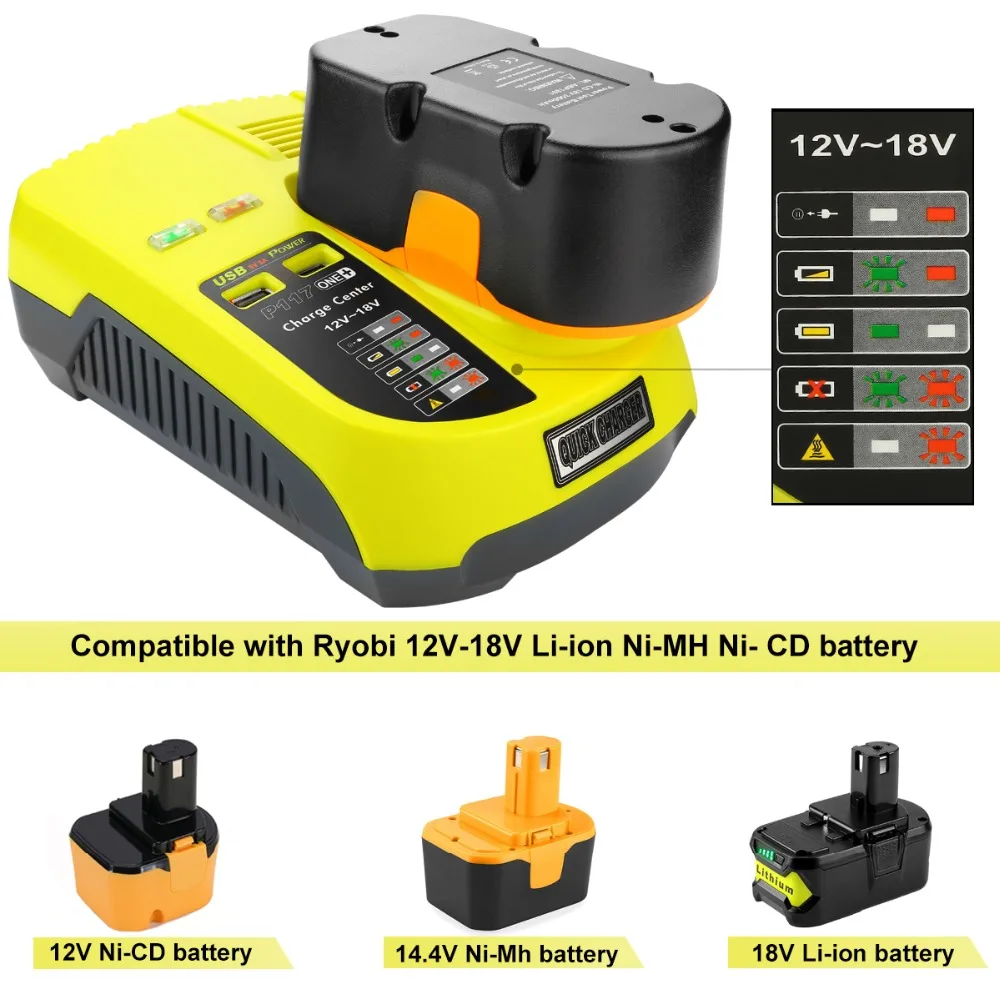 Universal Battery Charger Replacement EU Plug For Ryobi one+ Battery 12V 18V Ni-Cd Ni-MH Li-ion Charger P711 2 USB Ports
Universal Battery Charger Replacement EU Plug For Ryobi one+ Battery 12V 18V Ni-Cd Ni-MH Li-ion Charger P711 2 USB Ports