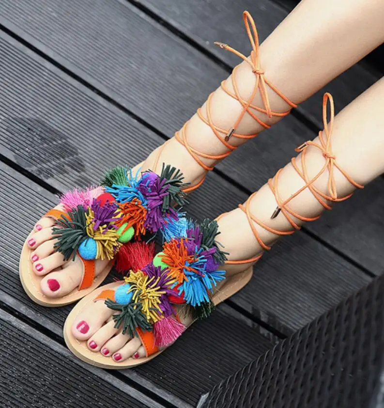 

2019 Summer Sandals Bohemia Tassel Ball Flats Shoes Rome Comfortable Sandals National Beach Women's Shoes Slippers