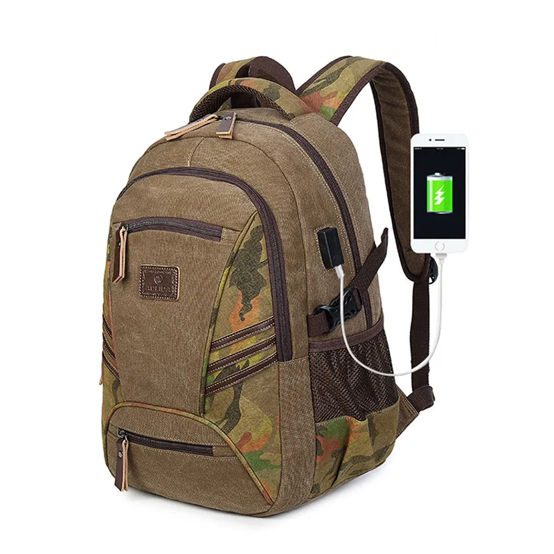 Фото Холст рюкзак обратно в школу военный USB Для мужчин дорожные сумки школьный для