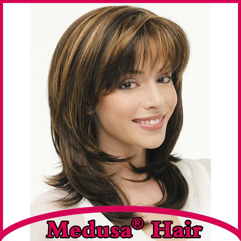 Medusa hair products: African american Synthetic pastel wigs for women Long layered wavy brown Afro mono wig with bangs SW0045 
Medusa hair products: African american Synthetic pastel wigs for women Long layered wavy brown Afro mono wig with bangs SW0045