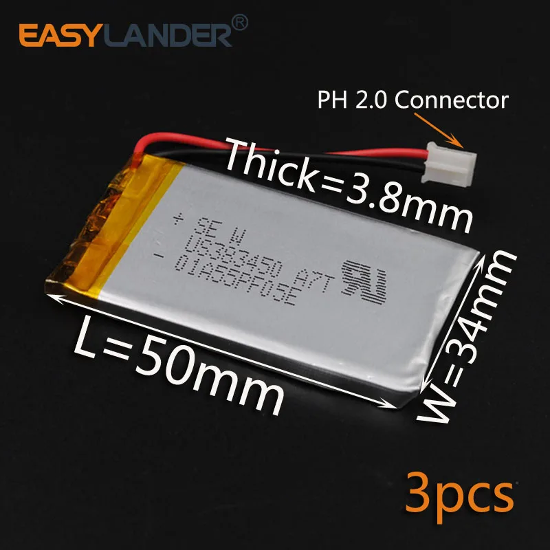 3pcs 3.7V 650mAh 383450 Polymer Li-ion Battery For mobile electronic part DIY Streamer safety lamp Flash lighting GPS PDA
3pcs 3.7V 650mAh 383450 Polymer Li-ion Battery For mobile electronic part DIY Streamer safety lamp Flash lighting GPS PDA