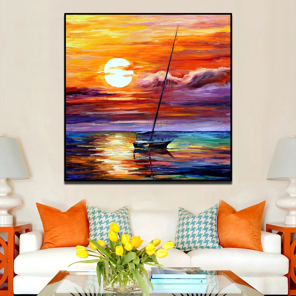 Фото Modern Sunset Ship Sea Sailboat Knife Oil Painting on Canvas Handmade Wall Picture for Living Room Bedroom art poster | Дом и сад