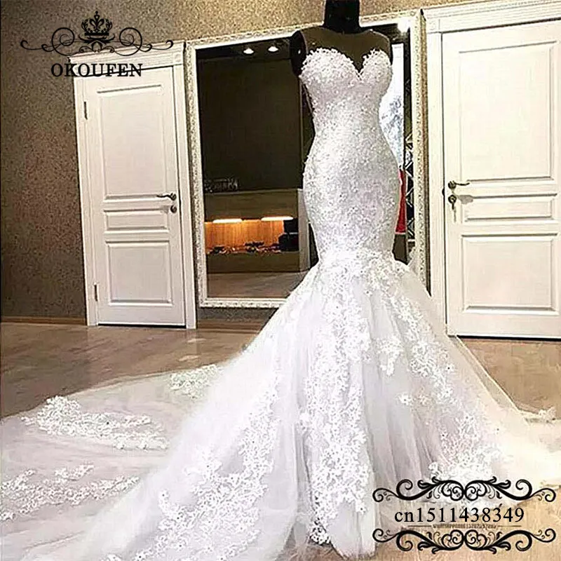 Gorgeous Mermaid Lace Wedding Dresses With Appliques Beads White Long Chapel Train 2019 Sheer Neck Bridal Dress For Women
Gorgeous Mermaid Lace Wedding Dresses With Appliques Beads White Long Chapel Train 2019 Sheer Neck Bridal Dress For Women
