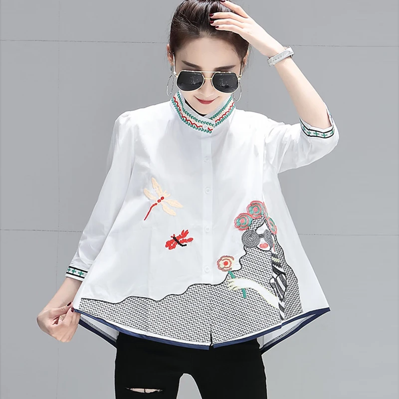 Women new high quality spring summer fashion Dragonfly cartoon embroidery shirt women's new street large size irregular shirt
Women new high quality spring summer fashion Dragonfly cartoon embroidery shirt women's new street large size irregular shirt