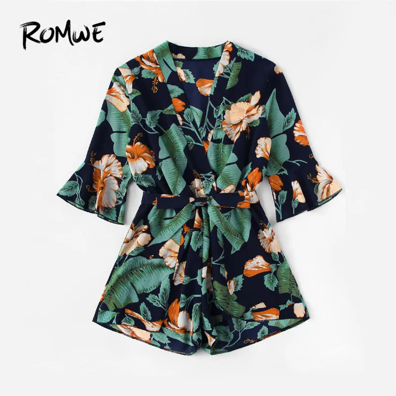 

ROMWE Fluted Sleeve Floral Print Surplice Romper With Belt Women Summer Vocation Three Quarter Floral V neck Romper