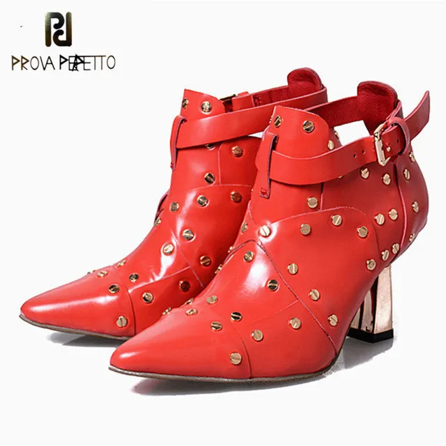 Prova perfetto Rivets Studded Red Genuine Leather Women Ankle Boots Pointed Toe High Heels Women Wedding Shoes Valentine Shoe
Prova perfetto Rivets Studded Red Genuine Leather Women Ankle Boots Pointed Toe High Heels Women Wedding Shoes Valentine Shoe