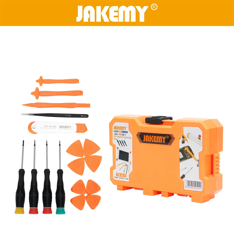 JAKEMY 18 in 1 Repair Tools Kit Roller Opening Pry Spudger Tools Screwdriver Set for Cellphone IPad Tablet Repairing Hand Tools
JAKEMY 18 in 1 Repair Tools Kit Roller Opening Pry Spudger Tools Screwdriver Set for Cellphone IPad Tablet Repairing Hand Tools