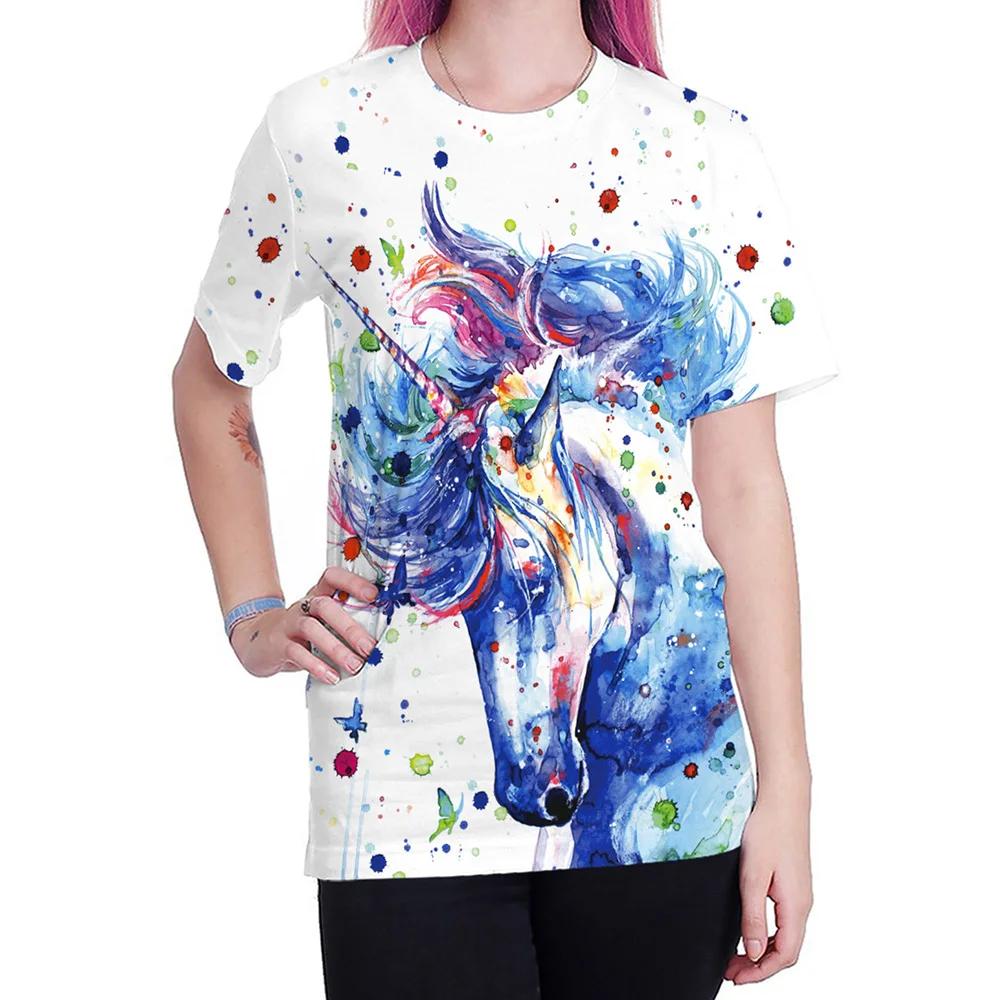 FCCEXIO 2018 New Summer T Shirt Women Animal Horse 3D Print Oil Color Tshirt Hiphop Lnk Splash T-Shirt Harajuku Crop Top 10