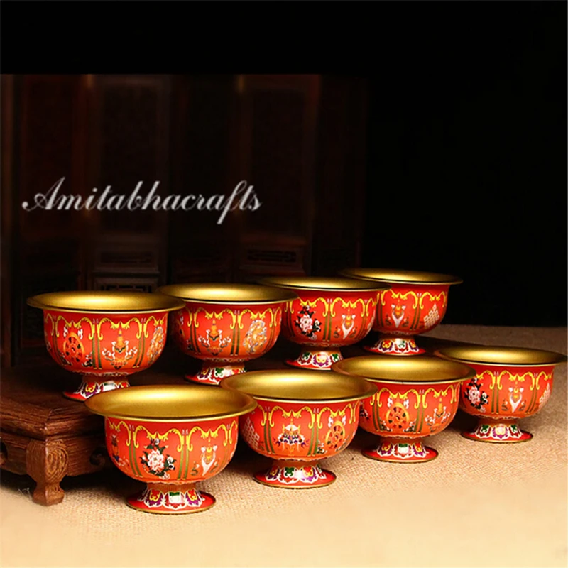 

Tibetan buddha Alloy Metal Eight Auspicious Symols Buddhism Colored Pictures Crafts Sacrifice Bowl holy water cup 8pc/lot