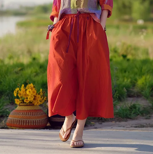 Used Three A Season High Density Cotton Golden Orange Degree Of Tightness Waist Pull Rope Easy Wide Leg Pants Hit Seat h190522 | Женская