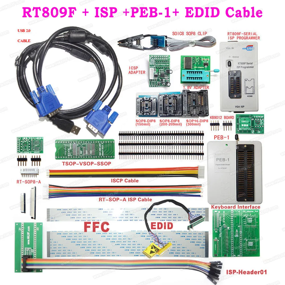 RT809F ISP Programmer All Adapters SOP8 IC Clip Motherboard LCD Reader + PEB-1 + EDID Cable + ISP Header
RT809F ISP Programmer All Adapters SOP8 IC Clip Motherboard LCD Reader + PEB-1 + EDID Cable + ISP Header