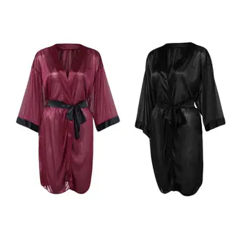 Women Sexy Translucent Sleepwear Set Faux Silk Half Sleeve Short Kimono Bath Robe Solid Color Nightgown With G-String Satin Sash
Women Sexy Translucent Sleepwear Set Faux Silk Half Sleeve Short Kimono Bath Robe Solid Color Nightgown With G-String Satin Sash