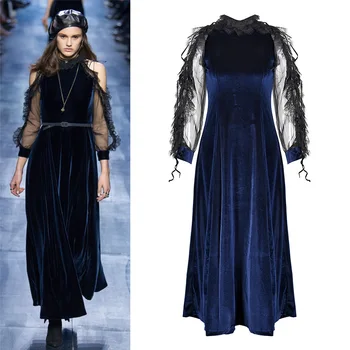 New lace stitching velvet shoulder dress temperament lady baby dress long .
New lace stitching velvet shoulder dress temperament lady baby dress long .