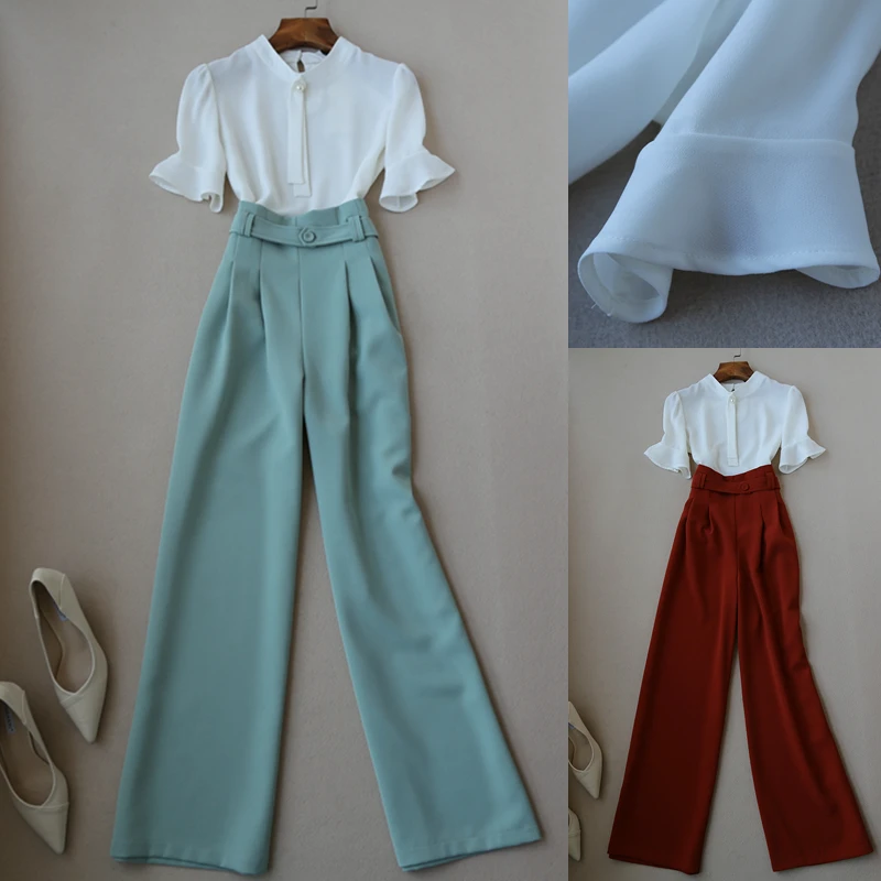 Two piece set top and pants summer new fashion casual suit half sleeve chiffon shirt top high waist wide leg pants trousers suit
Two piece set top and pants summer new fashion casual suit half sleeve chiffon shirt top high waist wide leg pants trousers suit