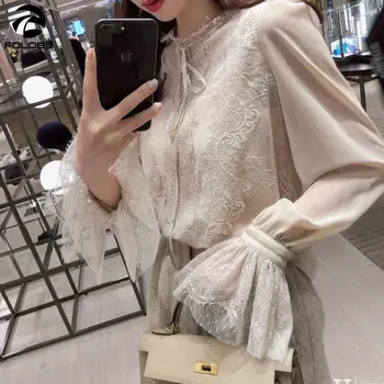 

2020 New Spring New Arrival Elegant Fairy Blusa Feminina Chiffon Shirt Bottoming Flare Sleeve Lace Blouse Sling Attached