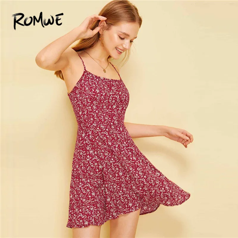 

ROMWE Woman Sweet Fresh Ditsy Floral Burgundy Spaghetti Strap Flared Hem Mini Dresses Summer Boho Cami A Line Short Dress