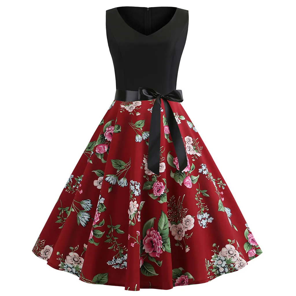 2019 Women Vintage Print Dress 1950s Retro Sleeveless V-Neck Print Evening Party Swing Dress With Sashes
2019 Women Vintage Print Dress 1950s Retro Sleeveless V-Neck Print Evening Party Swing Dress With Sashes