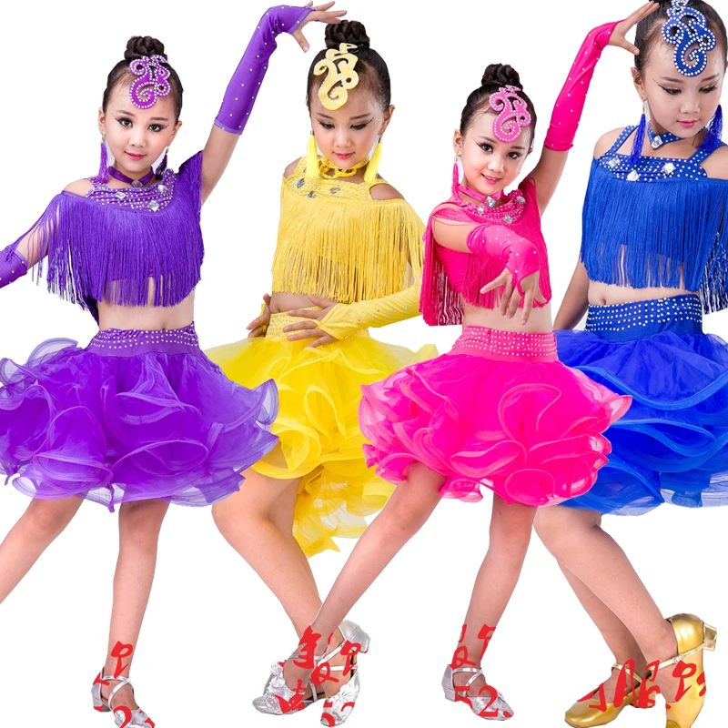 Child Tassels Latin Professional Sequined dancing dress Outfits Kids Samba Competition Ballroom costumes Salsa Fringe Dress |