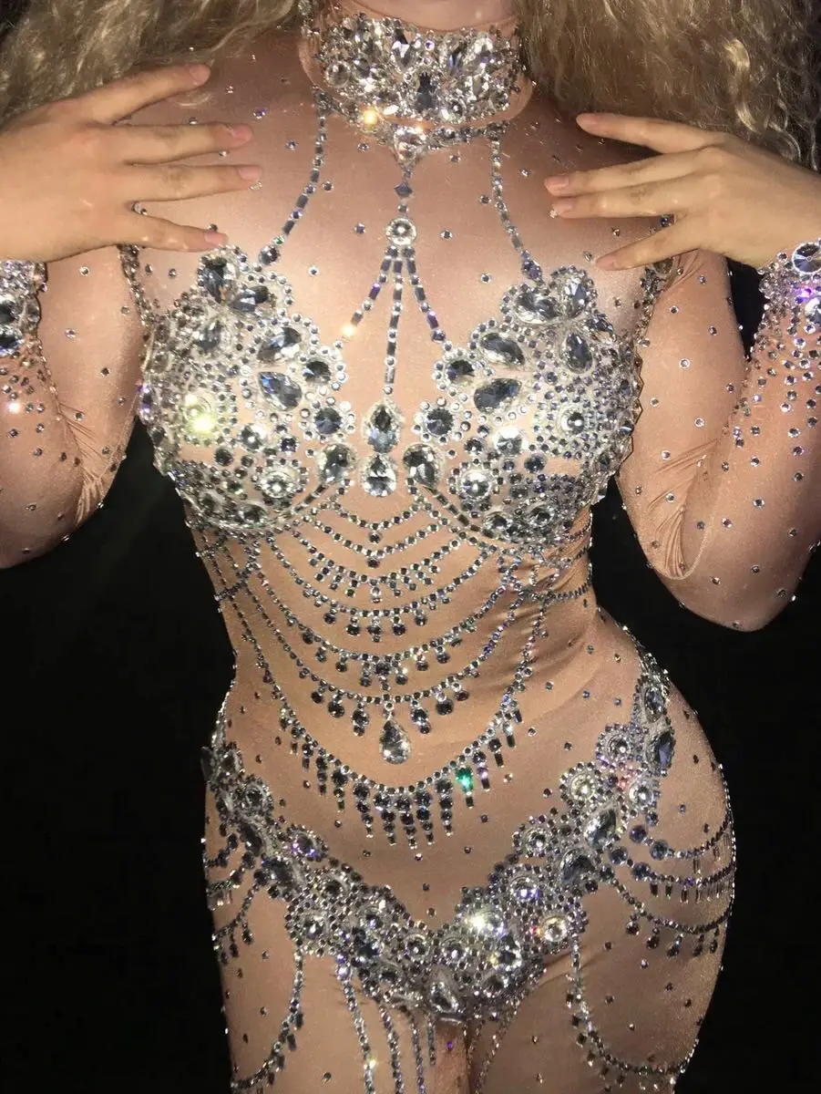 

Sparkly Crystals Nude Jumpsuit Stretch Stones Outfit Celebrate Bright Rhinestones Bodysuit Costume Female Singer Birthday Dress