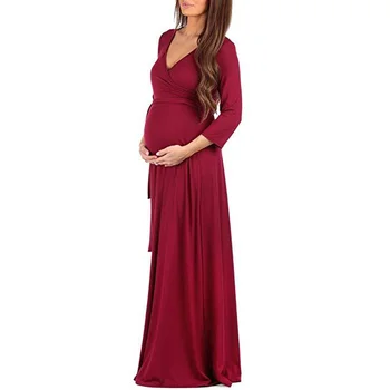Pregnant Women Long DressV-neck Seven-point Sleeves Belt Solid Color Pregnancy Dress Pregnancy Dress Photography 
Pregnant Women Long DressV-neck Seven-point Sleeves Belt Solid Color Pregnancy Dress Pregnancy Dress Photography