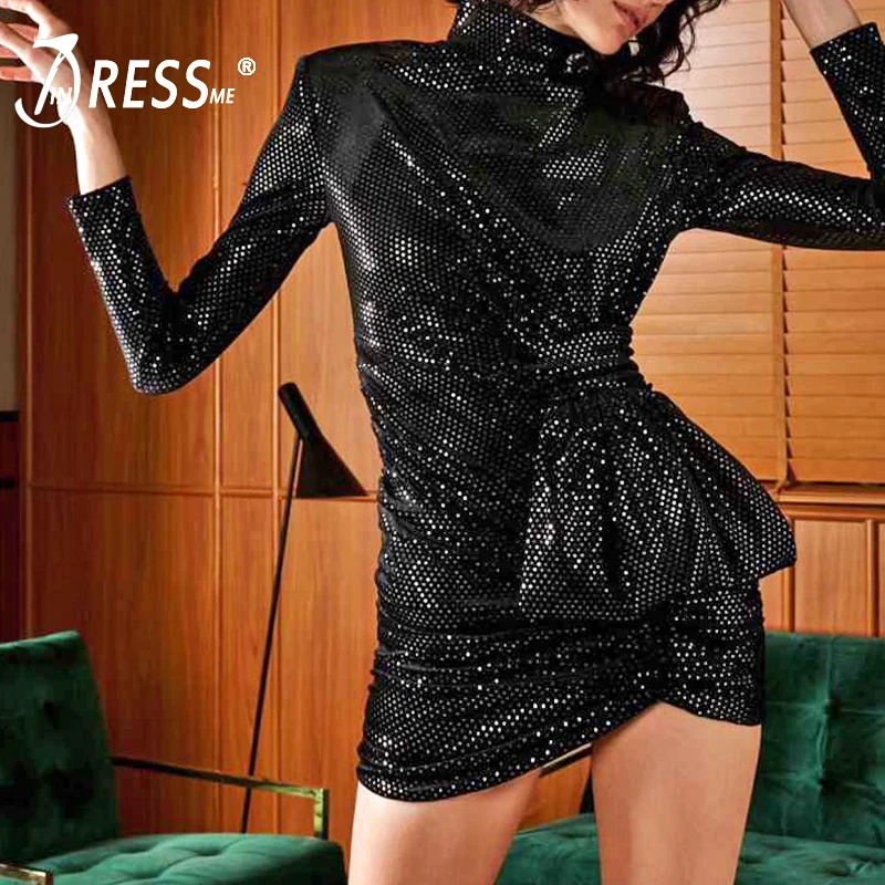 INDRESSME 2019 новое женское сексуальное черное мини-платье со стоячим воротником и