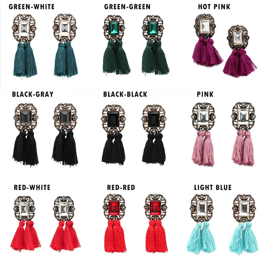 16 Colors, Crystal Square Tassel Stud Fringe Earrings