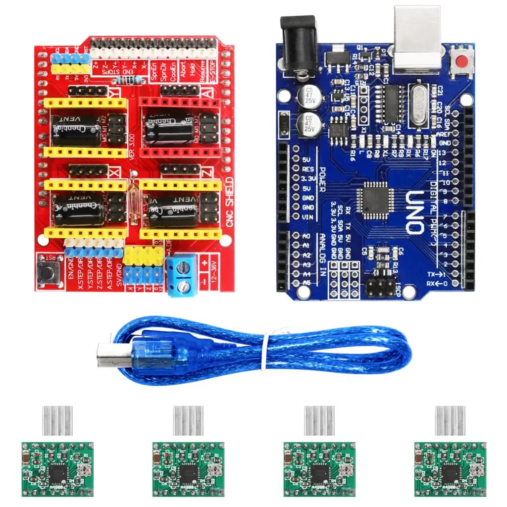 V3.0 Engraver CNC Shield+Board+A4988 Stepper Motor Drivers For UNO R3 for Arduino
V3.0 Engraver CNC Shield+Board+A4988 Stepper Motor Drivers For UNO R3 for Arduino