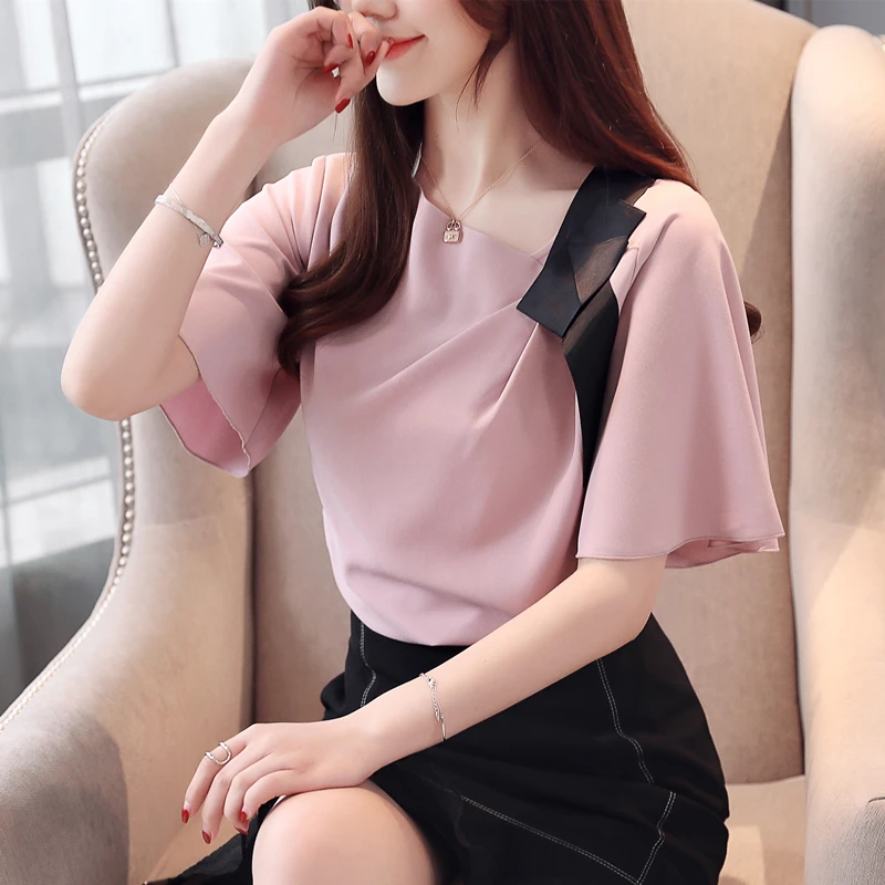 Women Skew Collar Lace Up Chiffon Blouse Solid White Pink Tops Blusa Femme One Shoulder Flare Sleeve Summer Korean Blouses Shirt
Women Skew Collar Lace Up Chiffon Blouse Solid White Pink Tops Blusa Femme One Shoulder Flare Sleeve Summer Korean Blouses Shirt