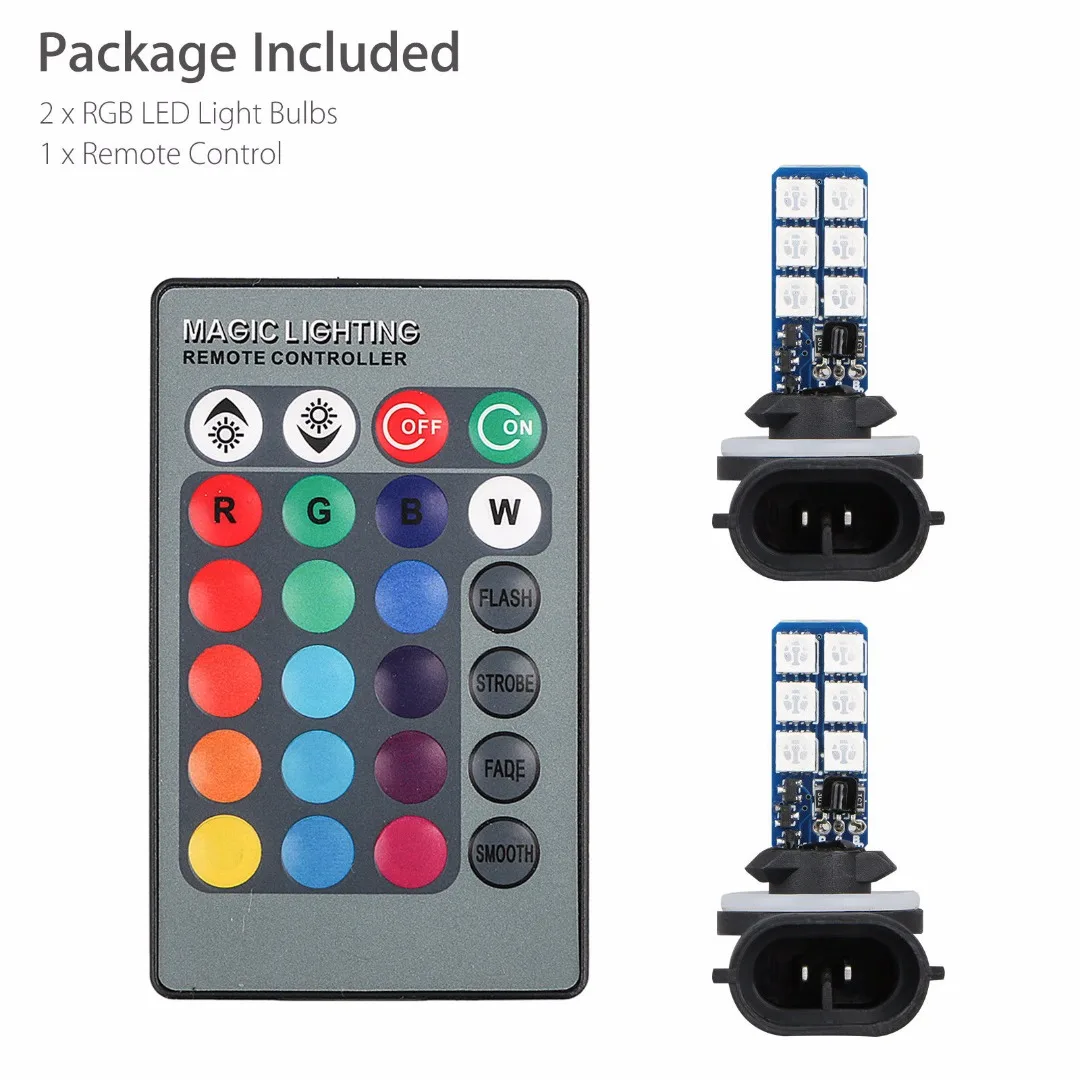 Car Atmosphere Lamp 1 Pair 881 5050 RGB Decorative Light 12LED Car Headlight Fog Light Bulb With Remote Control 12V