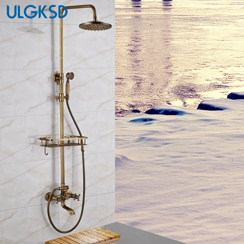 

ULGKSD Bathroom Shower Faucet 8" Rainfall Shower Head Antique brass Bathroom faucets with Lifting Rod Handheld Sprayer mixer tap