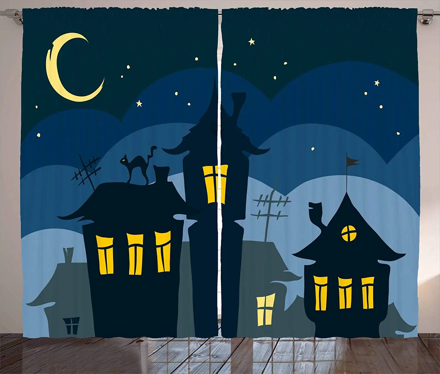 Halloween Curtains Old Town with Cat on The Roof Night Sky Moon and Stars Houses Cartoon Art Living Room Bedroom Window Drapes
Halloween Curtains Old Town with Cat on The Roof Night Sky Moon and Stars Houses Cartoon Art Living Room Bedroom Window Drapes