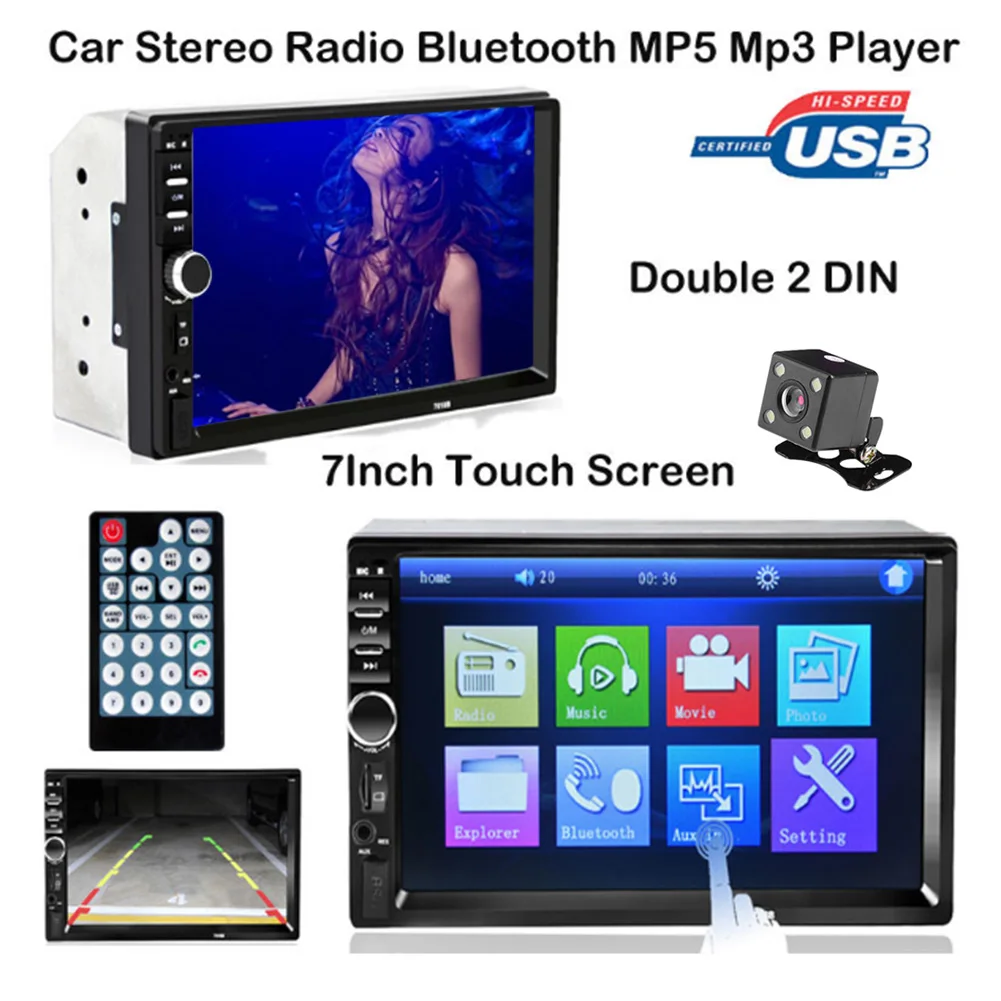 Camera 7inch 2 Double DIN Car Stereo Radio MP5 MP3 Player Bluetooth FM USB AUX