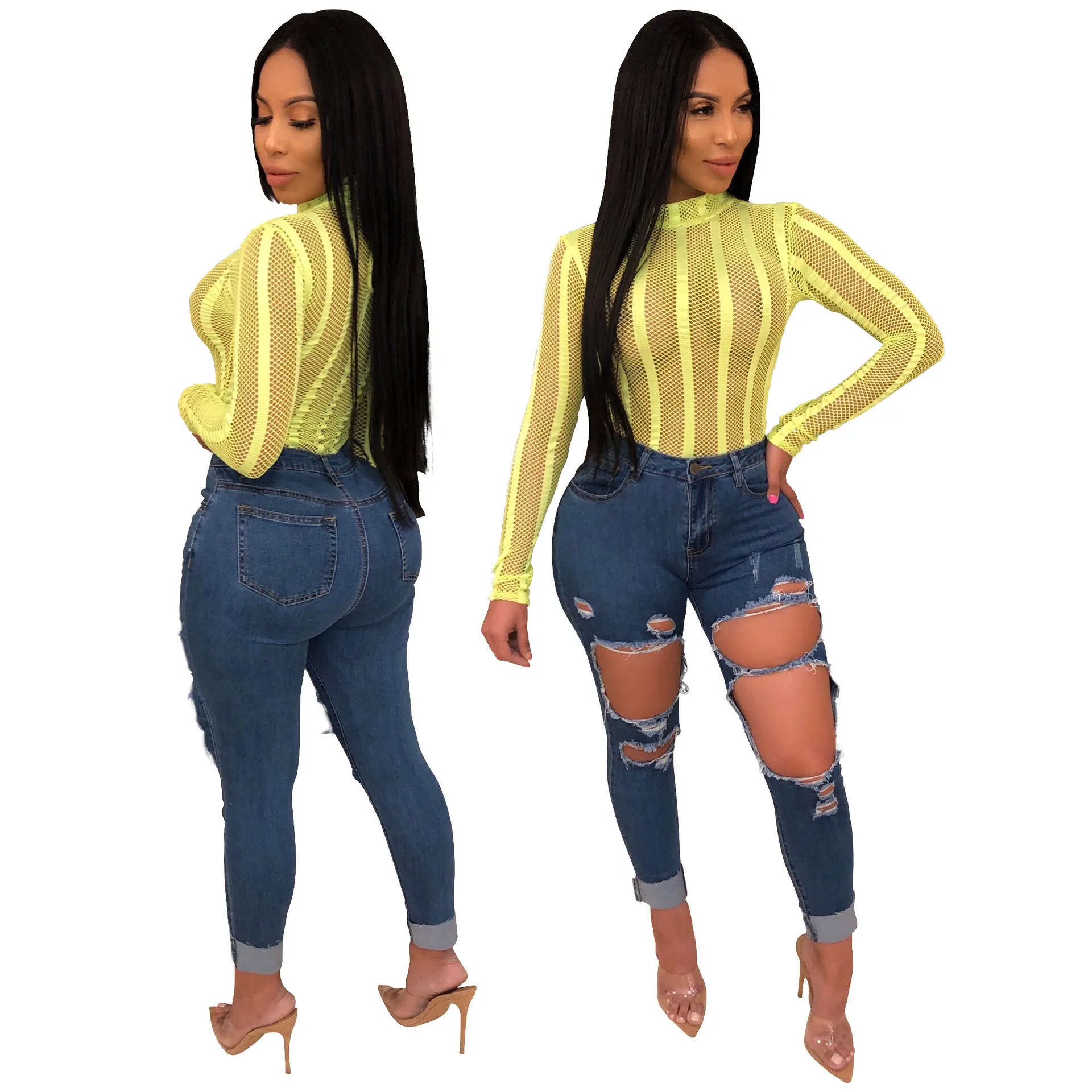 Cross-border women's wear European and American fashionable sexy hand-worn hollow high-elastic jeans
Cross-border women's wear European and American fashionable sexy hand-worn hollow high-elastic jeans