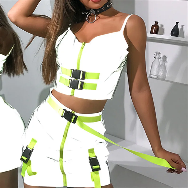 

Summer Reflective Bralette Crop Top Women Sexy Neon Green Strips Cami Tops Tees Backless Strap Camisole Streetwear