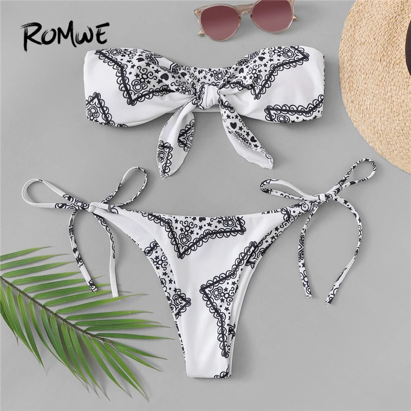 

Romwe Sport Sexy Knot Bandeau With Thong Low Waist Bottoms Women Bikini Set 2019 Swimming Summer Beach Boho Swimwear Suits