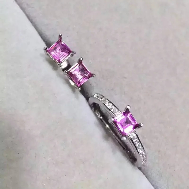 Fidelity Natural pink tourmaline s925 sterling silver simple Square fine jewelry sets for women natural 4mm gem ring/earrings | Украшения и