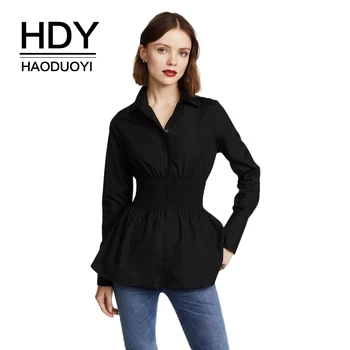 HDY Haoduoyi Brand Women Black Casual Basic Shirts Long Sleeve Ruffles Elastic Waist Buttons Turn-down Collar Female Blouses
HDY Haoduoyi Brand Women Black Casual Basic Shirts Long Sleeve Ruffles Elastic Waist Buttons Turn-down Collar Female Blouses