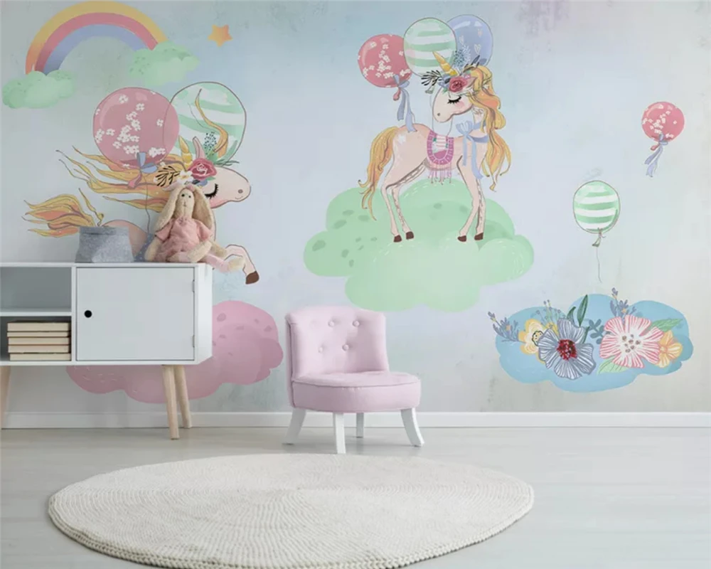 

beibehang Custom Nordic modern minimalist hand-painted pink unicorn children's room background papel de parede 3d wallpaper