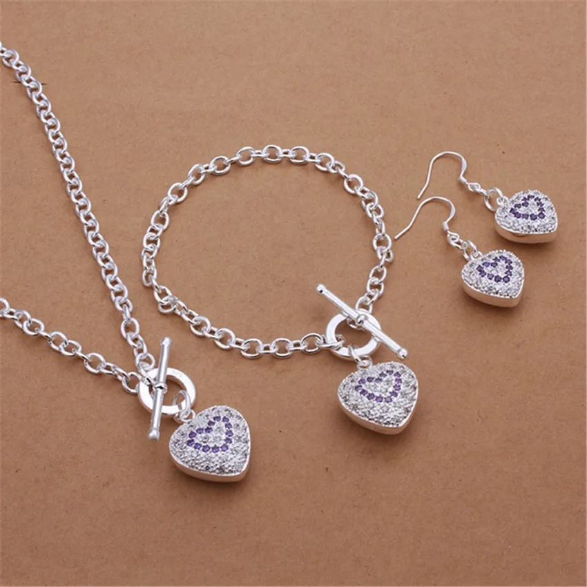 

New silver plated jewelry set fashion romantic purple crystal zircon loving pendant TO necklace bracelets Dangle Earrings S372