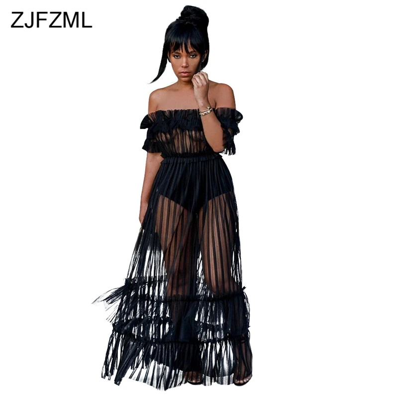 

ZJFZML Off The Shoulder Sexy Plus Size Dress Women Slash Neck Short Sleeve Beach Vestido Summer Backless See Through Maxi Robe